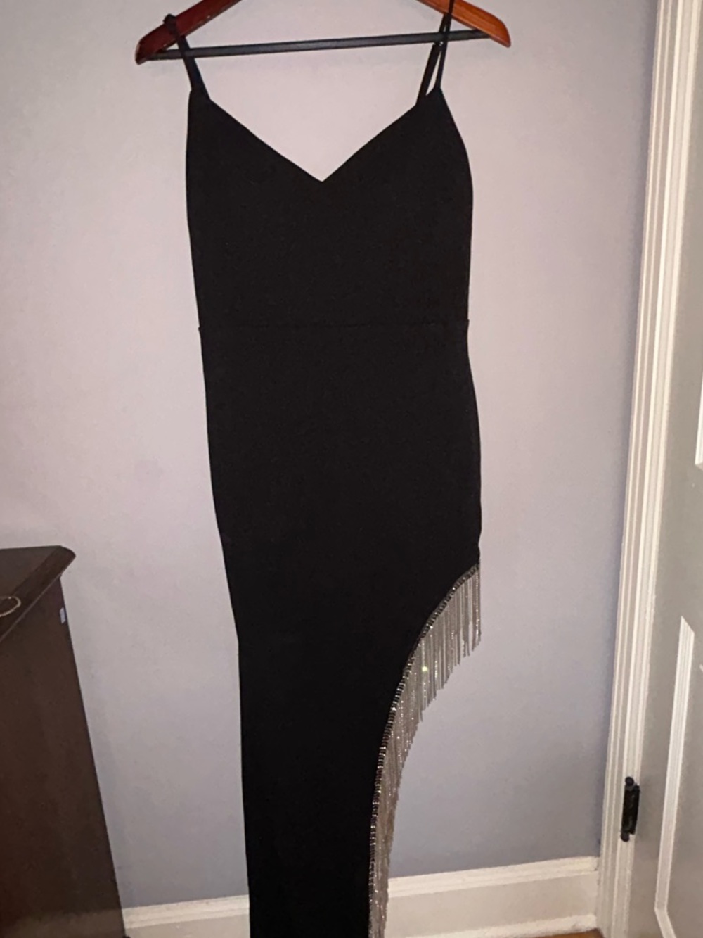 Black Asymmetric Fringe Slip Dress